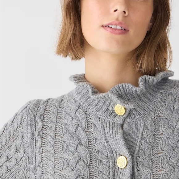 J. Crew Cable-knit ruffleneck button front cardigan sweater, wool blend Grey XL - Picture 4 of 12